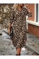 Kadın Uzun Kollu Yakalı önden Düğmeli Leopar Desenli Modal Midi Elbise