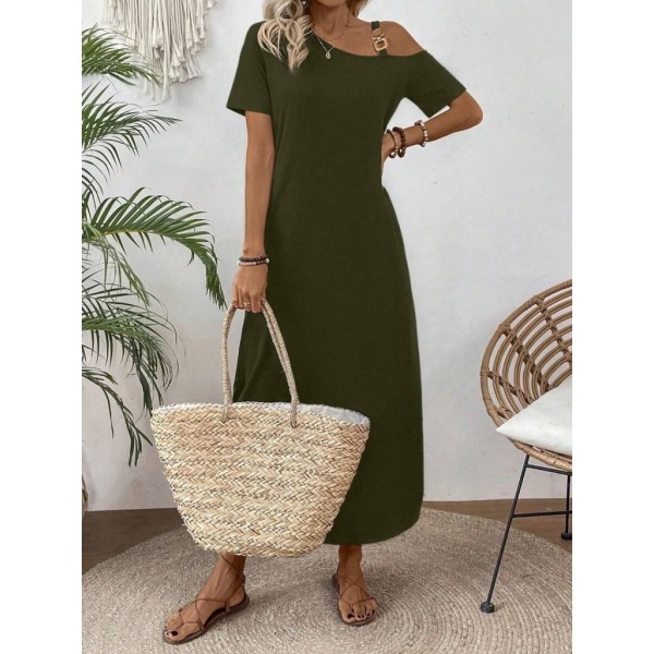 Kadın Tek Omuzdan Açık Toka Detaylı Yandan Yırtmaçlı Maksi Boy Viskon Elbise