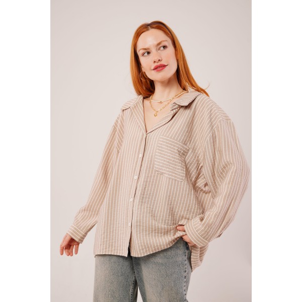 Çizgi Detaylı Cepli Camel Gömlek