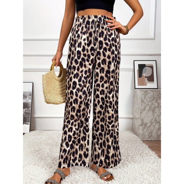 Kadın Yüksek Bel Beli Lastikli Bağcıklı Leopar Desenli Süprem Pantolon