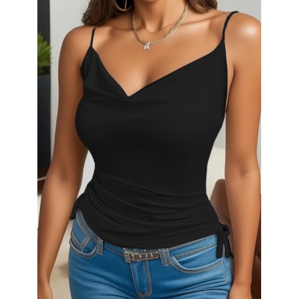 Kadın Askılı Degaje Yaka Yanlardan Büzgülü Sandy Bluz