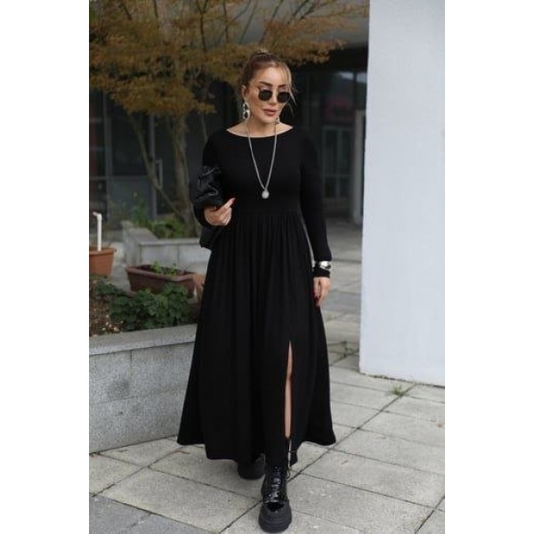 Kadın Kayık Yaka Sırt Dekoltesi Ve Yırtmaç Detay Maxi Boy Elbise