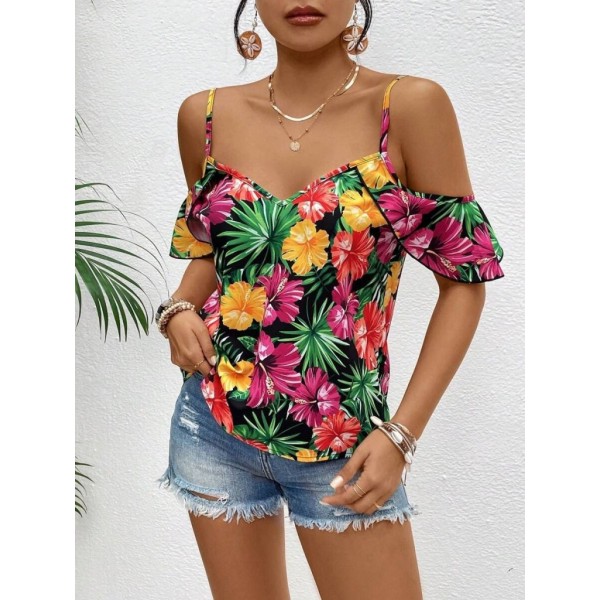 Kadın Askılı Omuzlardan Açık çiçek Baskılı Bluz