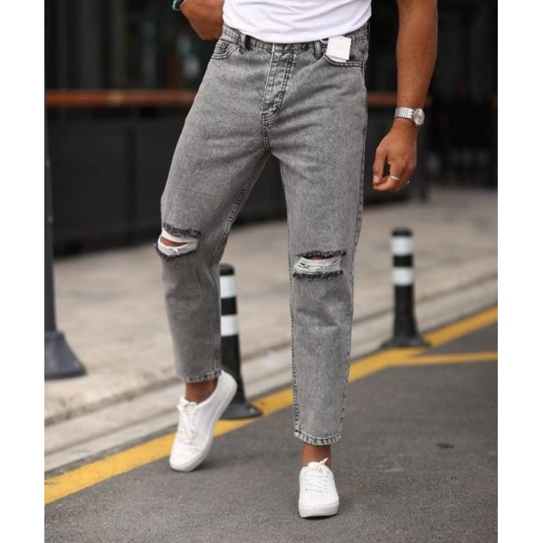 Erkek Gri Yıkama Yırtık Detaylı Boyfriend Jean