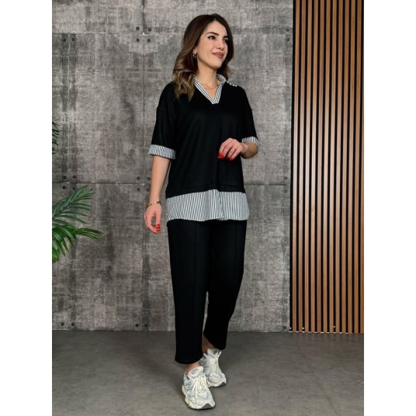 Kadın Modal Kumaş çizgili Gömlek Yaka Ikili Takım