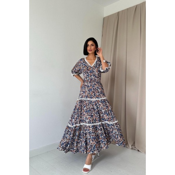 Desenli Sırtı Dekolteli Brode Elbise