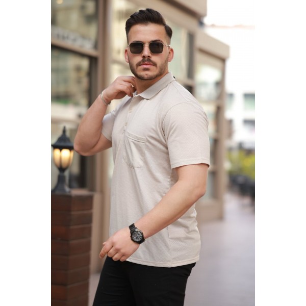 Erkek Yakalı Mini Jakarlı Kısa Kollu T-shirt