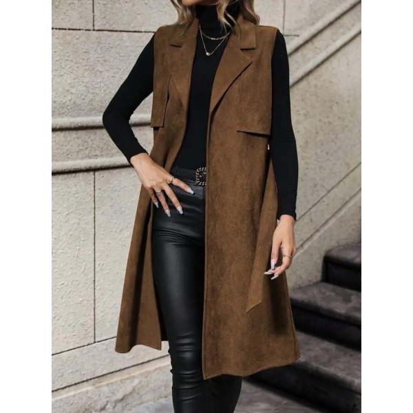 Kadın Kolsuz Yakalı önü Açık Belden Kuşaklı Süet Midi Yelek