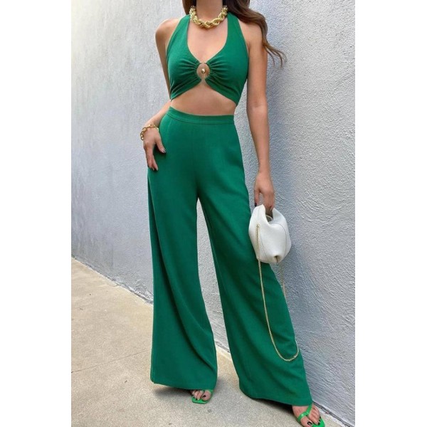 Kadın Pera Keten Kumaş Halka Detaylı Sırt Metal Fermuarlı Bel Gizli Fermuarlı Büstiyer Pantolon Takım