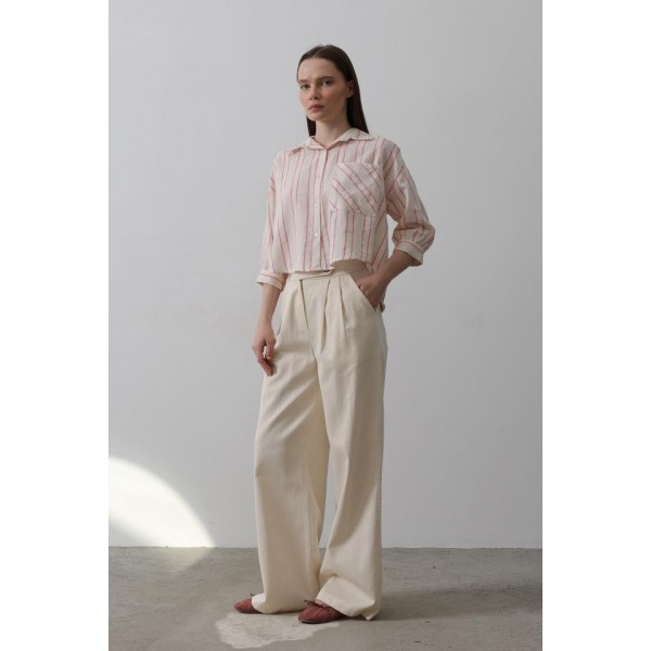 Çift Pileli Palazzo Pantolon - Natür