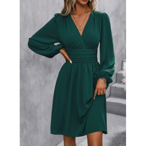 Kadın Uzun Kollu Kruvaze Yakalı Bel Korsajlı Mini Elbise