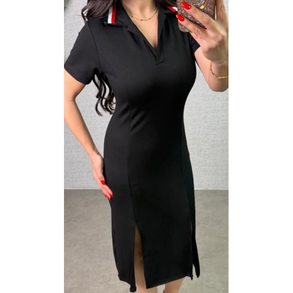 Kadın Polo Yaka çift Yırtmaç Detay Modal Kumaş Midi Boy Elbise