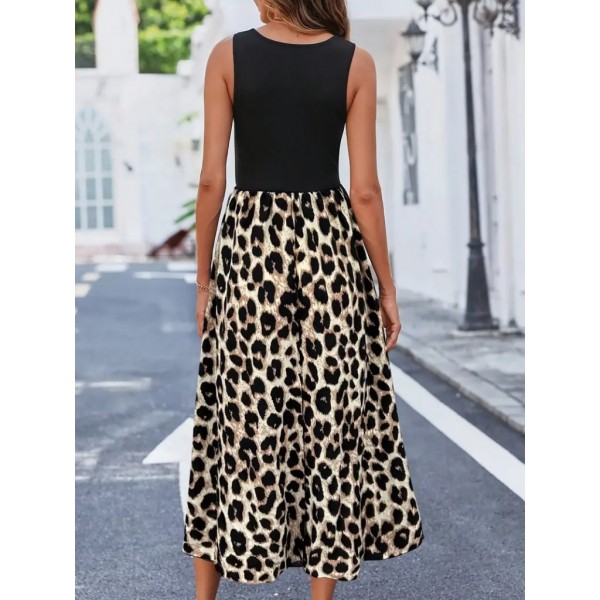 Kadın Askılı Yuvarlak Yaka üst Viskon Alt Leopar Desenli Süprem Uzun Elbise