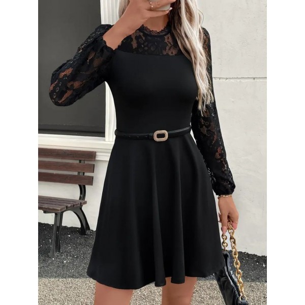 Kadın Uzun Kollu Dantelli Kloş Mini Ithal Krep Elbise