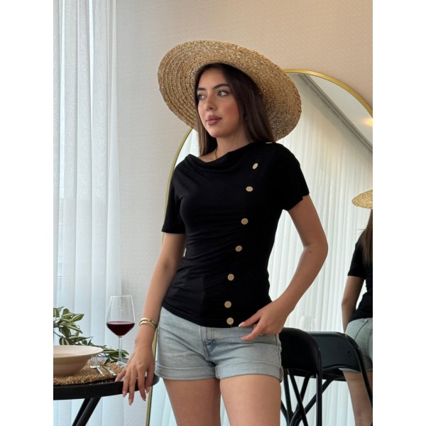 Kadın Kısa Kollu Degaje Yaka Düğme Detay Viskon Bluz