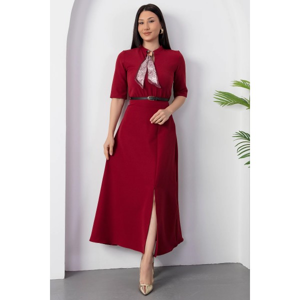 Kadın Kısa Kollu Fular Ve Kemer Detay önden Yırtmaçlı Maxi Boy Elbise