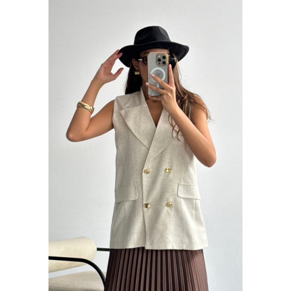 GOLD DÜĞMELİ KETEN YELEK - Ham