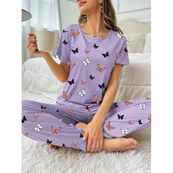 Kadın Kısa Kollu Bisiklet Yaka Kelebek Baskılı Süprem Ikili Takım