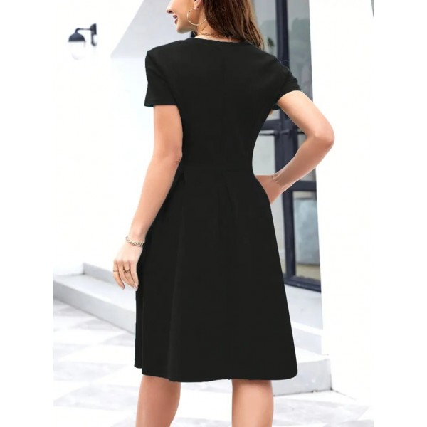 Kadın Kısa Kollu Bisiklet Yaka önden Pile Detaylı Janjan Krep Elbise