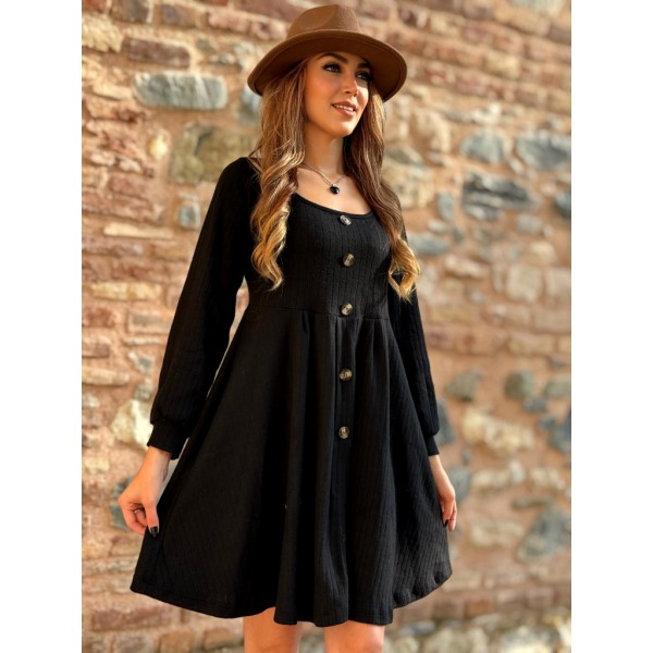 Kadın Uzun Kollu Kare Yaka Düğmeli Kısa şardonlu Iki Iplik Mini Elbise