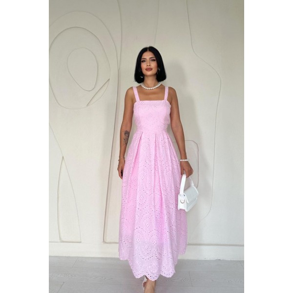 Pembe Askılı Aparatlı Brode Elbise