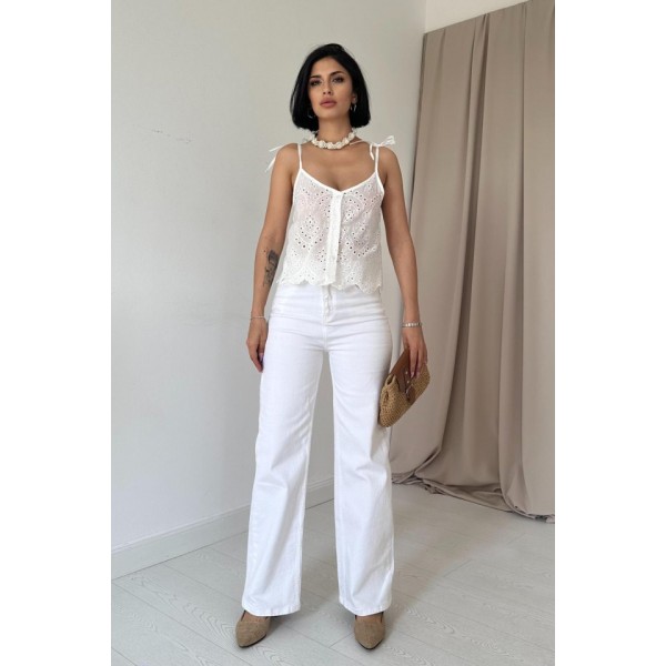 Beyaz Bağcıklı Brode Bluz