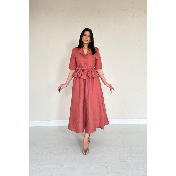 Moccah İnce Kemerli Fırfırlı Ceket Ve Büzgülü Etek Takım