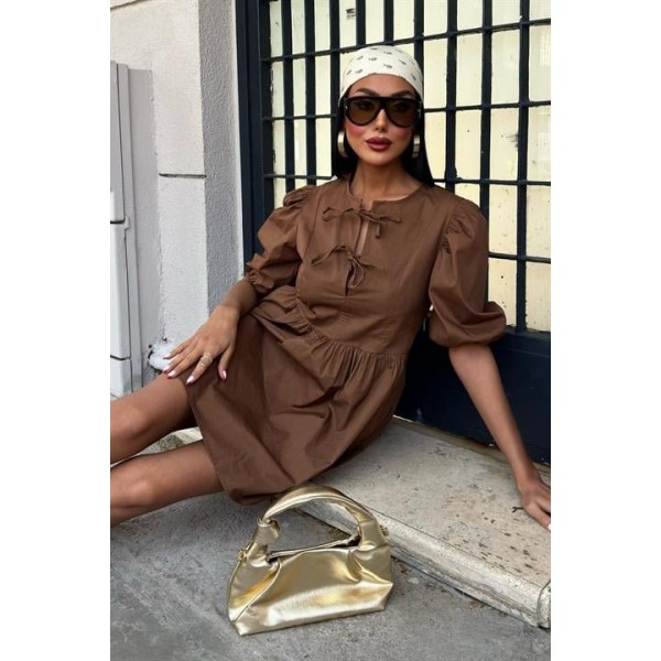 Önü Fiyonk Bağlamalı Ve Balon Kollu Elbise 2893