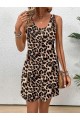Kadın Askılı Yuvarlak Yakalı Kısa Leopar Desenli Süprem Elbise