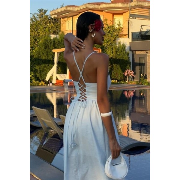 Sırtı Çapraz İpli Boncuk Detaylı Elbise 2902-08