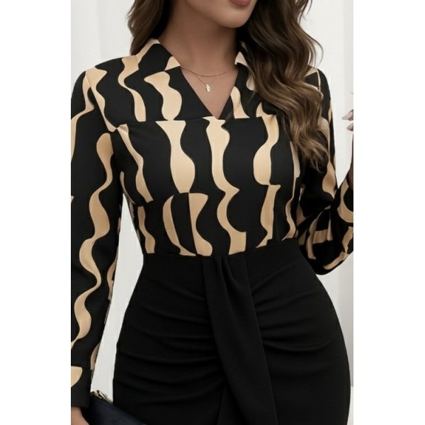 Kadın Uzun Kollu V Hakim Yakalı Desenli Dalgıç Bluz Ve önden Büzgülü Krep Ikili Takım