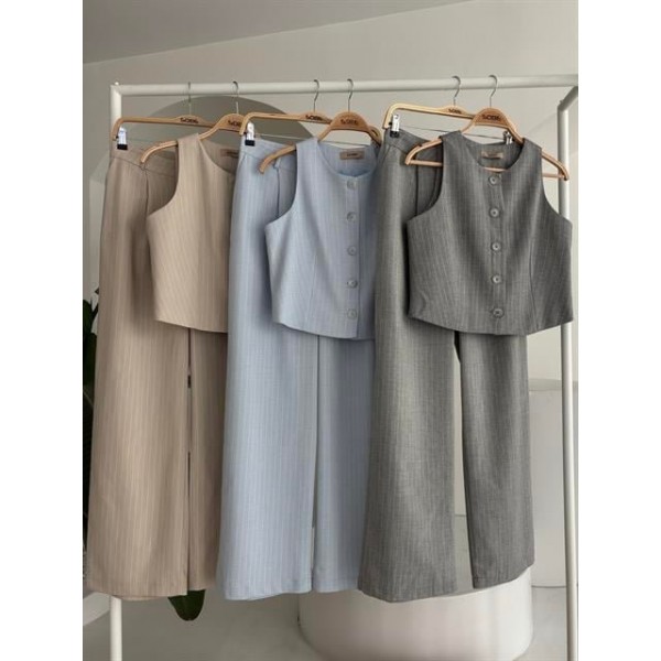 Yelek Plazzo Pantolon Çizgili Flamlı Poliviscon Takım 10178