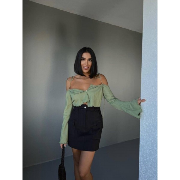 GABARDİN KISA ETEK CEP DETAYLI - Siyah