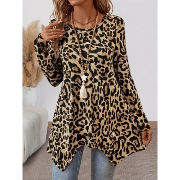 Kadın Uzun Kollu Bisiklet Yaka Leopar Desenli Süprem Bluz