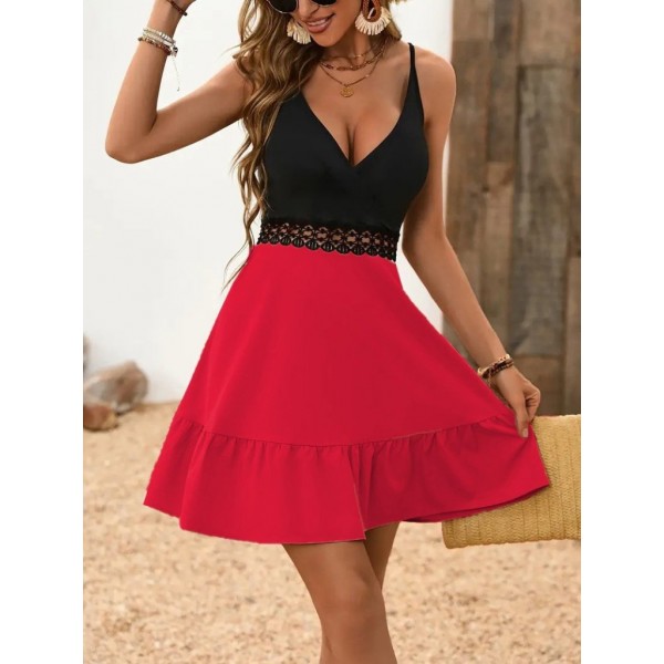 Kadın Ip Askılı Kruvaze Yaka Bel Dantel Ithal Krep Elbise