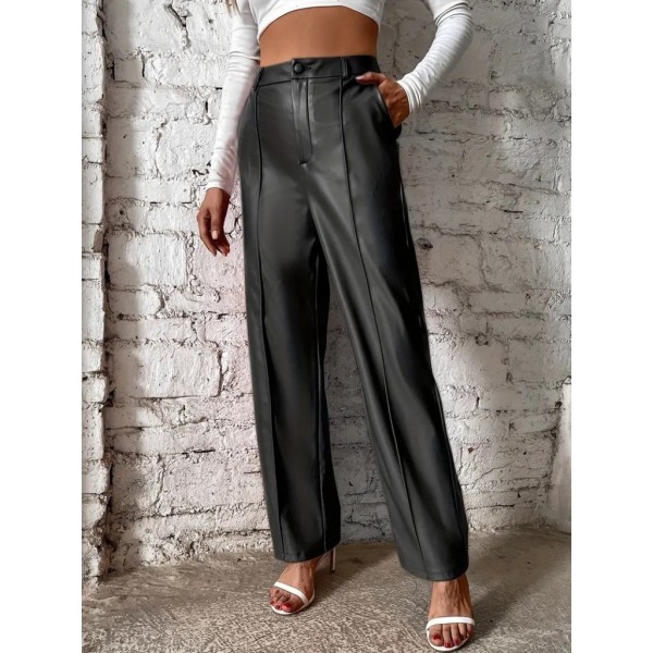 Kadın önden Fermuarlı Cepli Geniş Kesim Lame Deri Pantolon