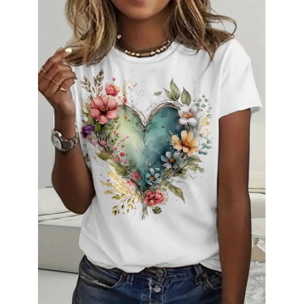 Kadın Kısa Kollu Bisiklet Yaka Kalp Desenli Süprem Bluz