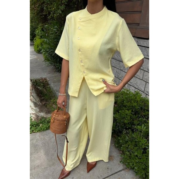 Hakim Yaka Çapraz Düğmeli Plazzo Pantolon Viscon Keten Takım 10209