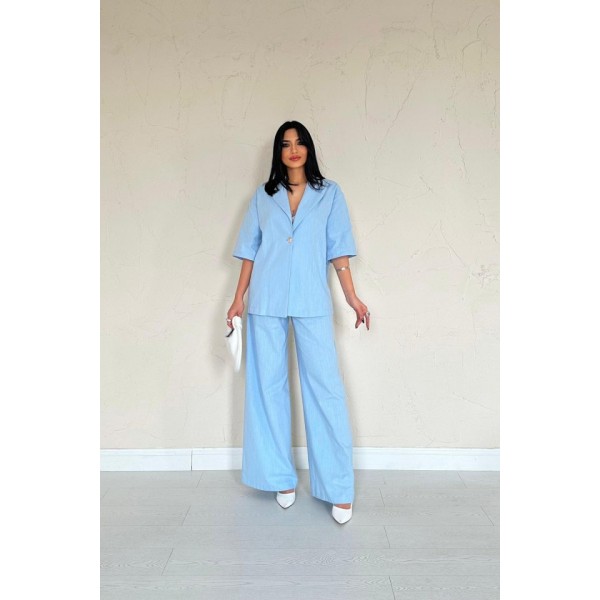 Mavi Önü Tek Düğmeli Ceket Pantolon Takım