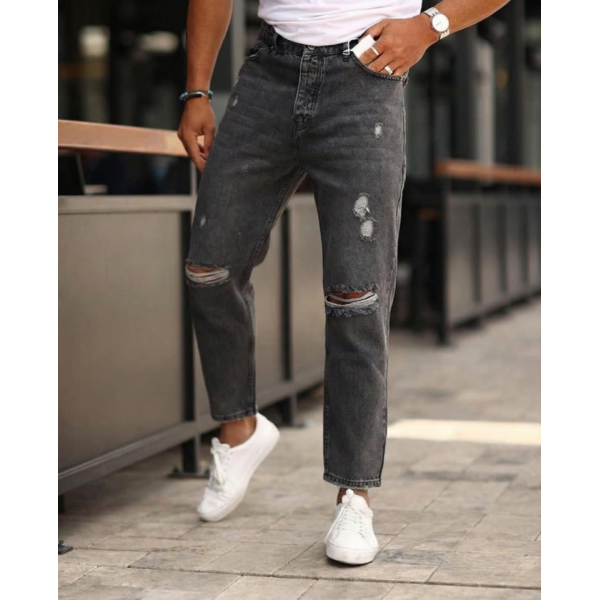 Erkek Koyu Gri Yırtık Detaylı Boyfriend Jean 
