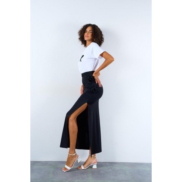 Yandan Büzgülü Güllü Etek - Siyah