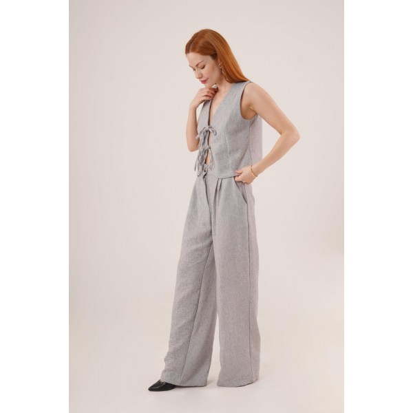 Ön Bağlama Detaylı Yelek Ve Pantolon Gri İkili Takım