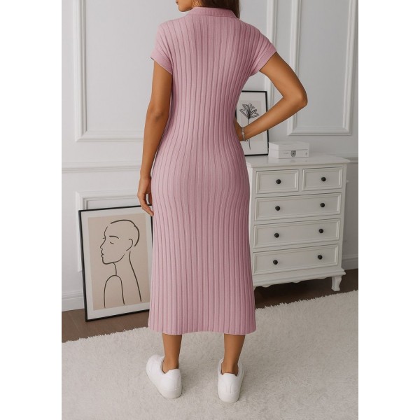 Kadın Kısa Kollu Yakalı Yandan Yırtmaçlı Kalın Fitilli Kaşkorse Elbise