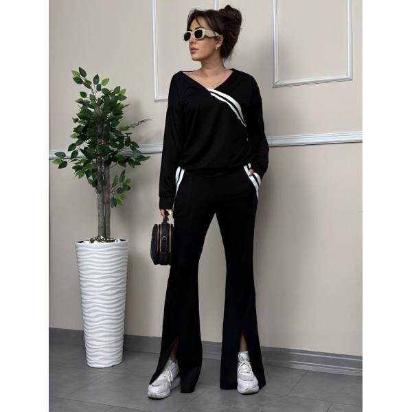 Kadın Ribana Detay Bluz Ve Ispanyol Paça Yırtmaçlı Pantolon Ikili Takım