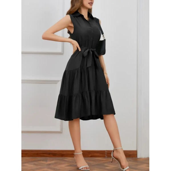 Kadın Kısa Kollu Gömlek Yaka Düğmeli Beli Kuşaklı Katlı Dokuma Midi Elbise