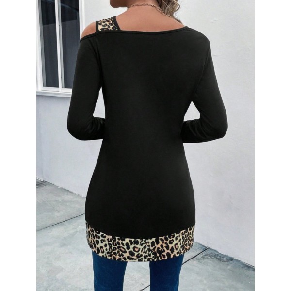 Kadın Tek O Uzdan Açık Askılı Uzun Kollu Leopar Detaylı Viskon Bluz