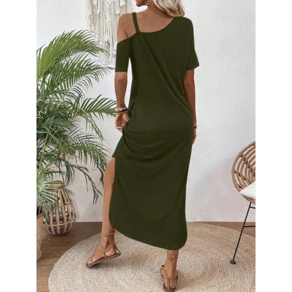 Kadın Tek Omuzdan Açık Toka Detaylı Yandan Yırtmaçlı Maksi Boy Viskon Elbise