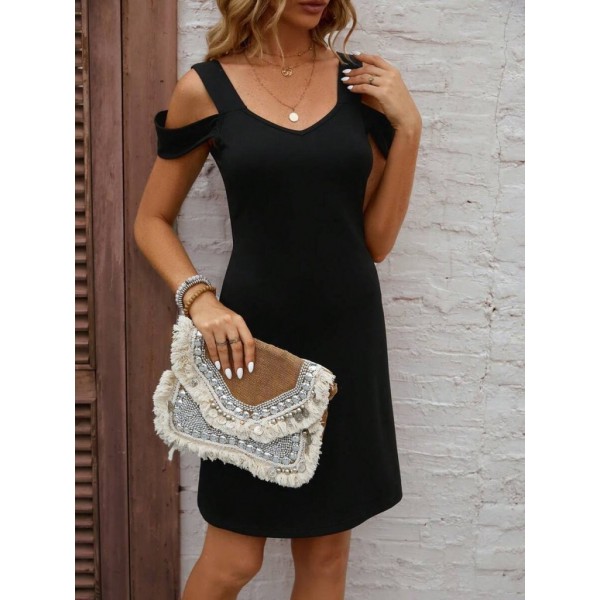 Kadın Askılı Soğuk Omuz Detaylı Modal Elbise