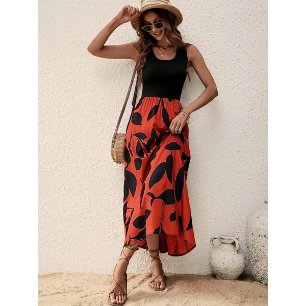 Kadın Askılı Yuvarlak Yaka üst Viskon Alt Desenli Uzun Süprem Elbise