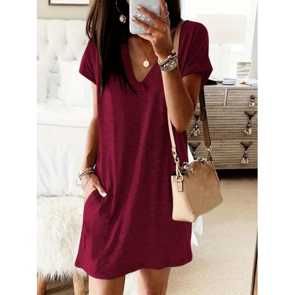 Kadın Kısa Kollu V Yakalı Cepli Kısa Viskon Elbise